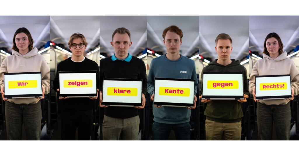 Sechs Personen halten ein Tablet mit dem Statement "Klare Kante gegen Rechts" in die Kamera